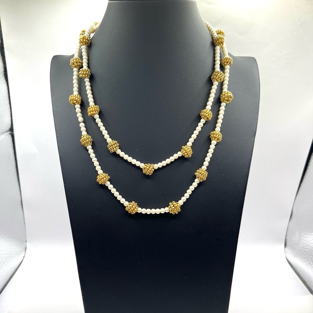 Vintage Anne Klein AK Gold Wire Bauble Faux Pearl Matinee Necklace  Lion Logo